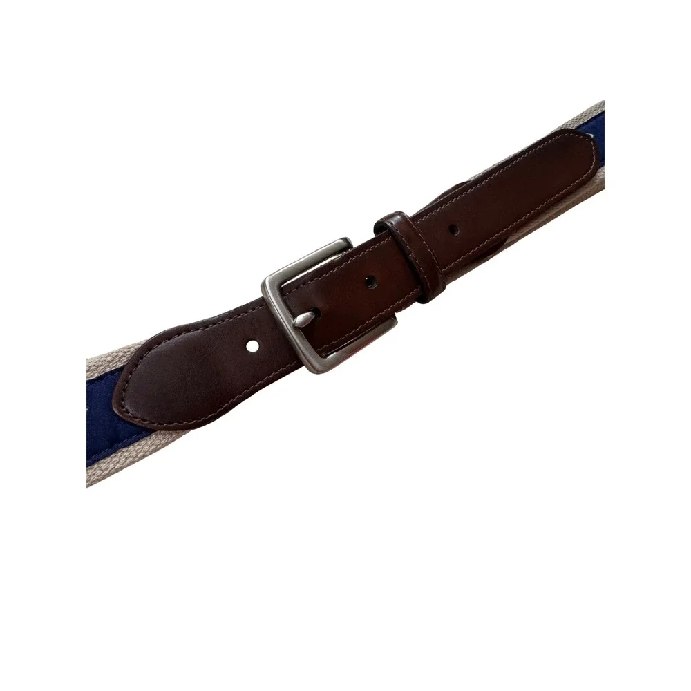 KMM Mens Ribbon Belt Navy Blue Canvas Hunting Dog Mallard Duck Embroidery 36/90